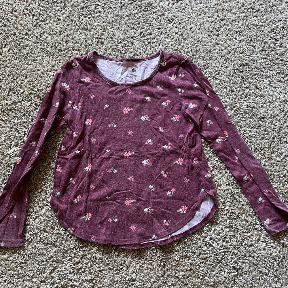 SO Girls Burgundy Floral Long Sleeve Top Size 7